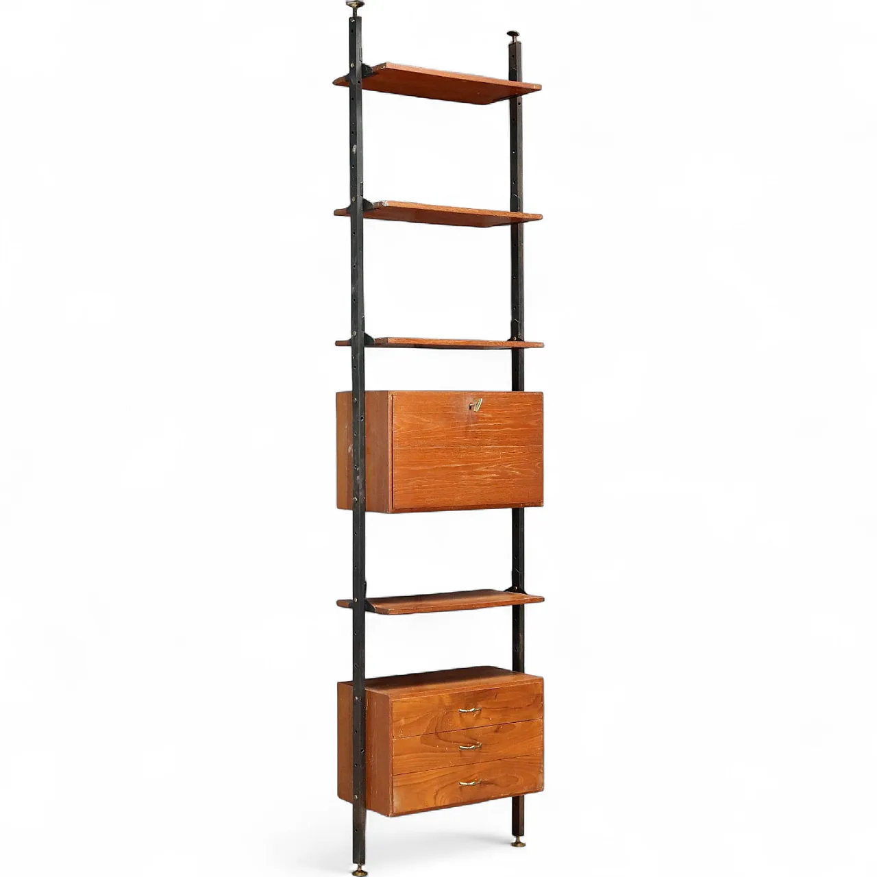 Libreria in teak con montanti in metallo, anni '60 11