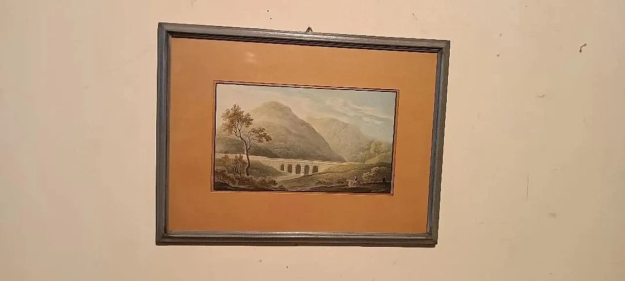 Paesaggio con acquedotto e ponte, acquerello su carta, '800 1