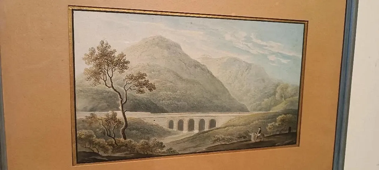 Paesaggio con acquedotto e ponte, acquerello su carta, '800 3