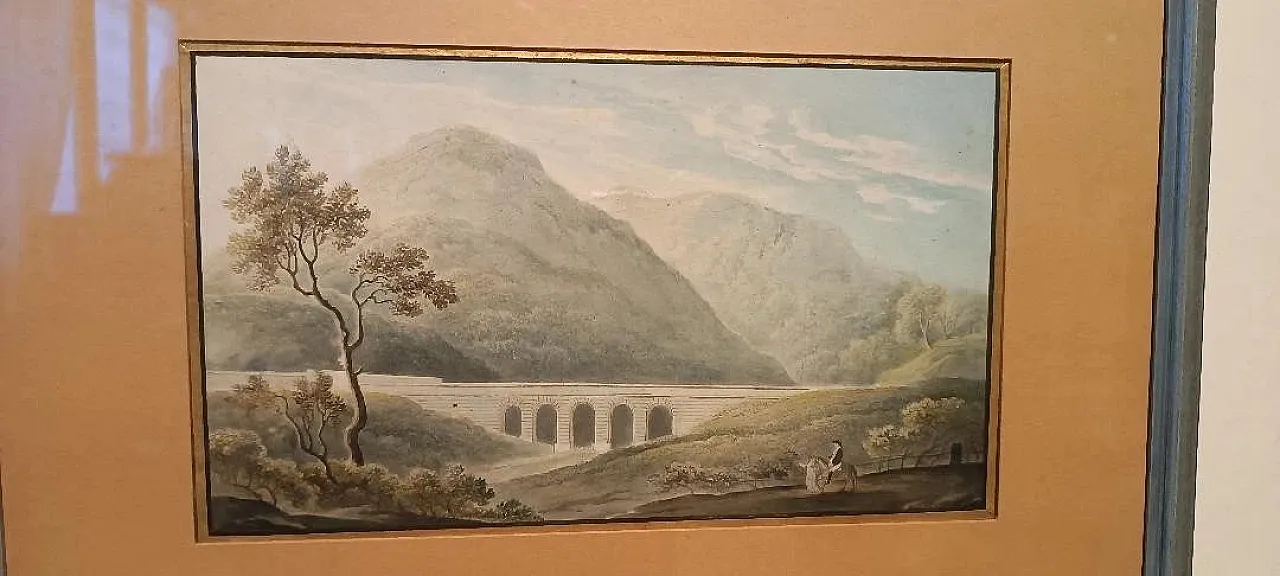 Paesaggio con acquedotto e ponte, acquerello su carta, '800 5