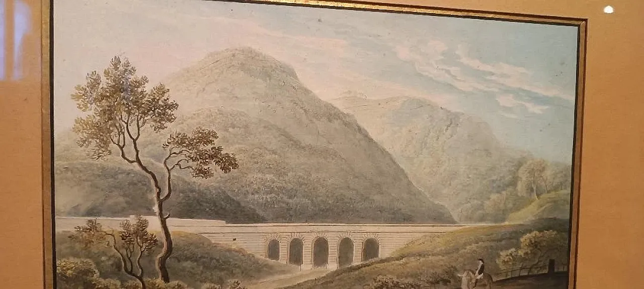 Paesaggio con acquedotto e ponte, acquerello su carta, '800 7