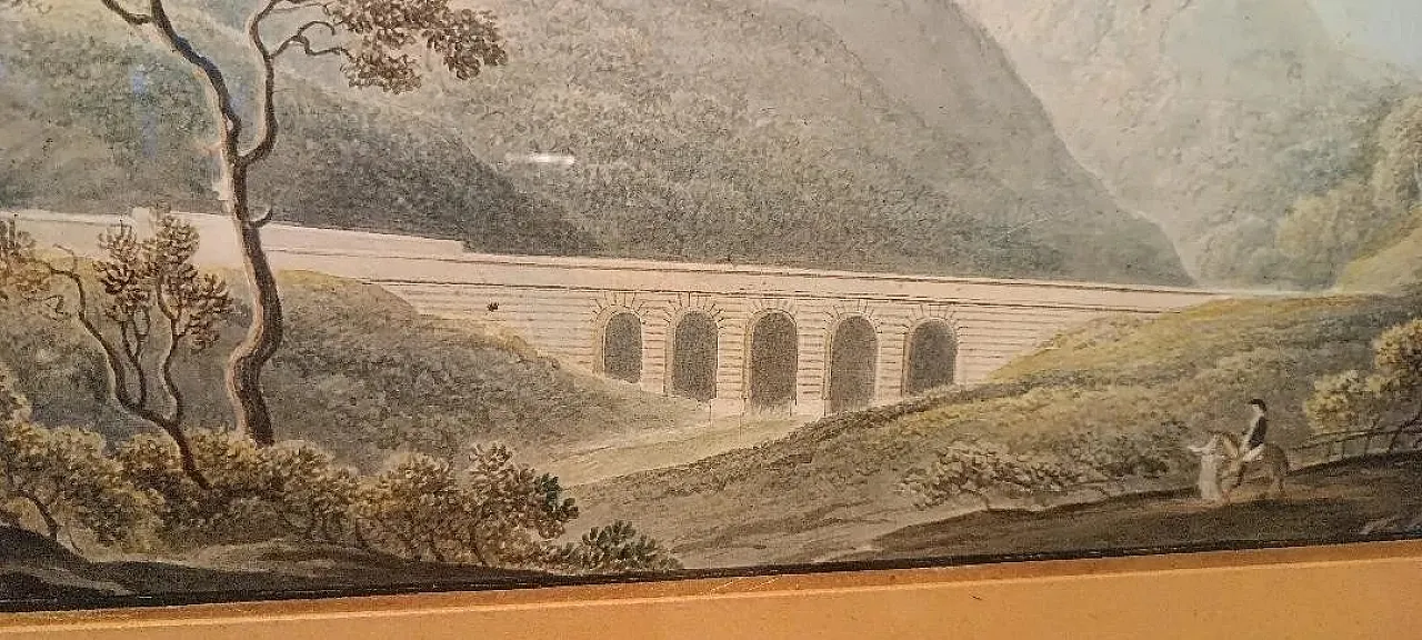 Paesaggio con acquedotto e ponte, acquerello su carta, '800 9