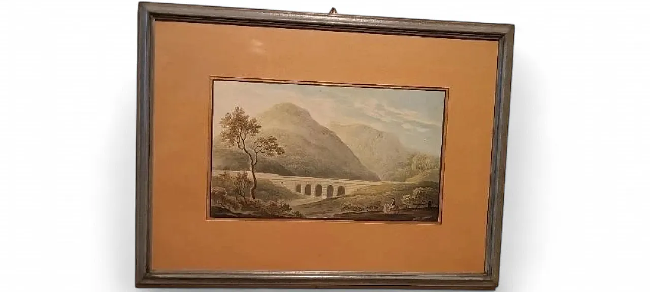 Paesaggio con acquedotto e ponte, acquerello su carta, '800 10