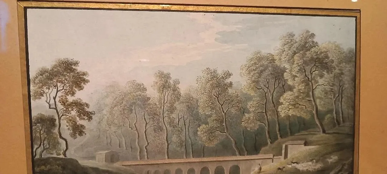 Paesaggio con acquedotto e ponte, acquerello su carta, '800 2