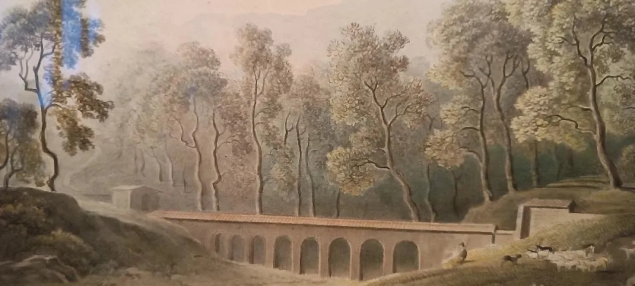 Paesaggio con acquedotto e ponte, acquerello su carta, '800 4