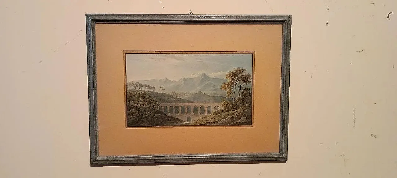 Paesaggio con acquedotto e ponte, acquerello su carta, '800 1