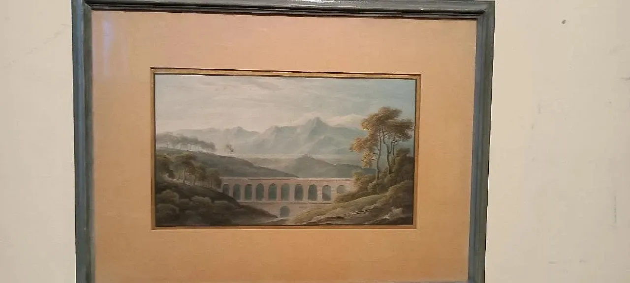 Paesaggio con acquedotto e ponte, acquerello su carta, '800 2
