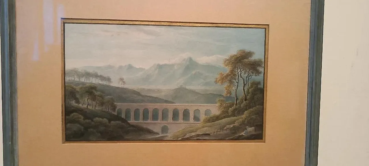 Paesaggio con acquedotto e ponte, acquerello su carta, '800 3