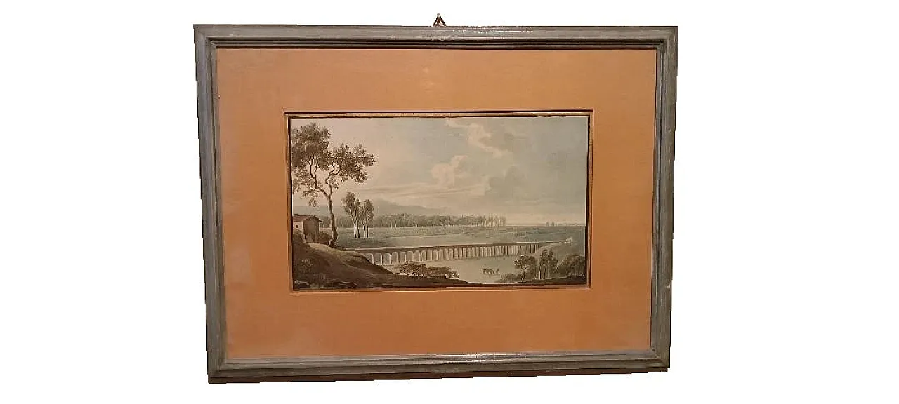 Paesaggio con acquedotto e ponte, acquerello su carta, '800 1