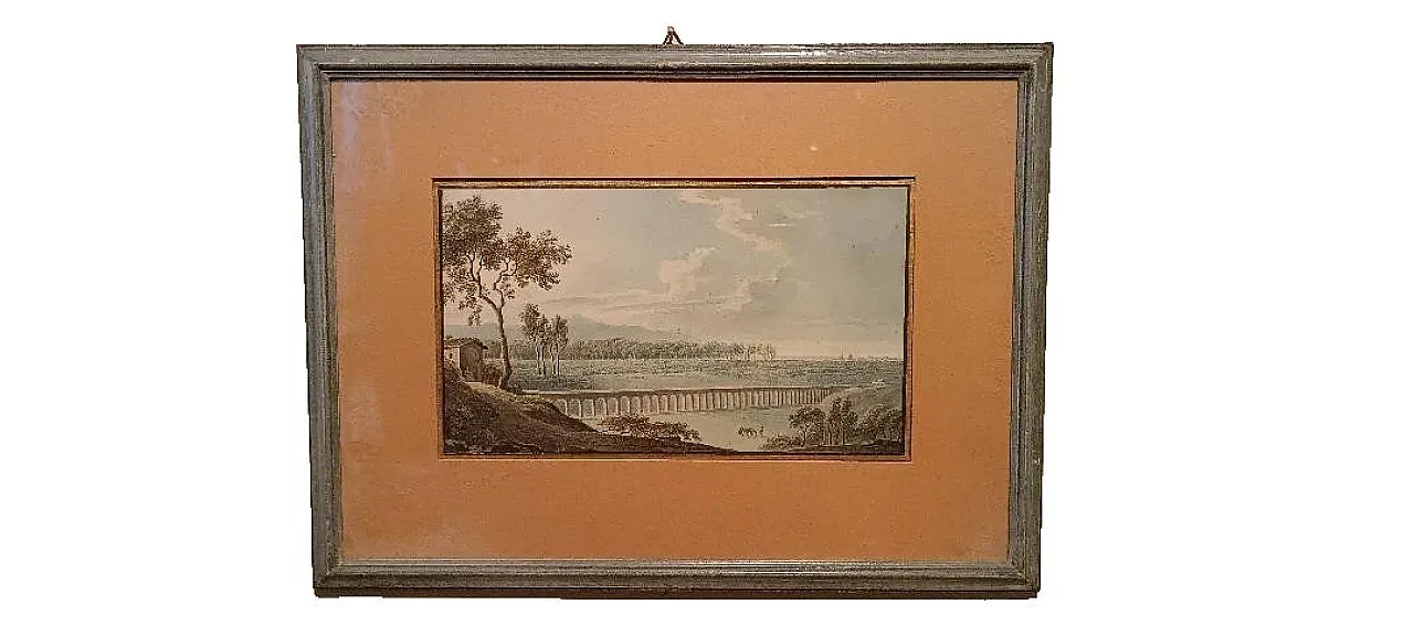 Paesaggio con acquedotto e ponte, acquerello su carta, '800 2