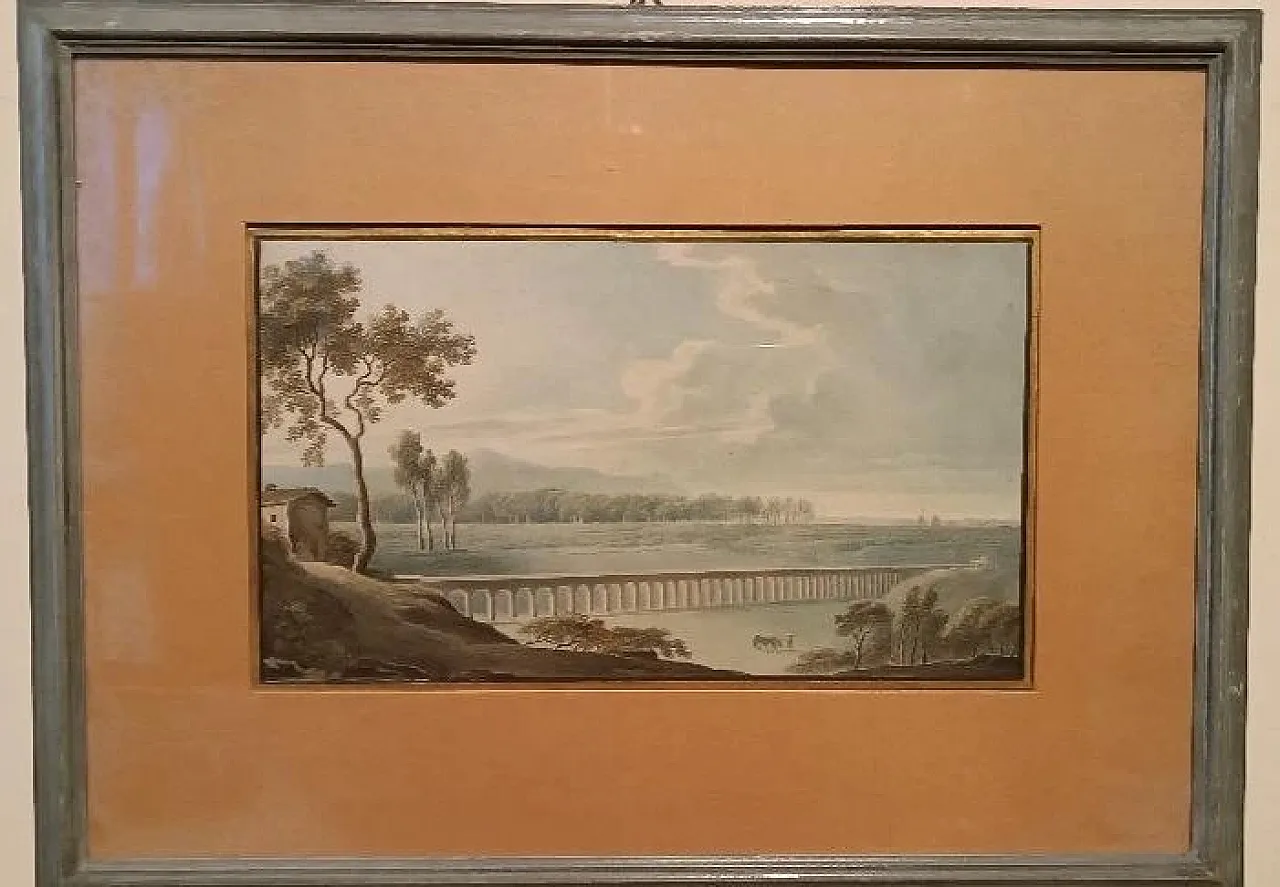 Paesaggio con acquedotto e ponte, acquerello su carta, '800 3