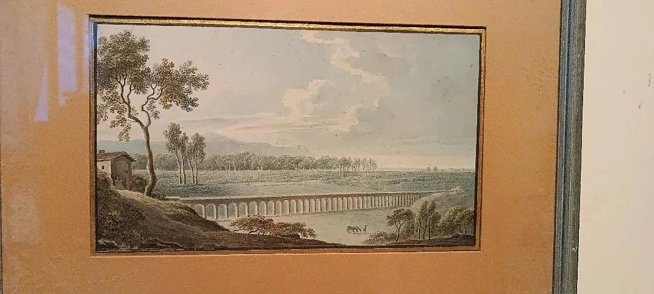 Paesaggio con acquedotto e ponte, acquerello su carta, '800 5