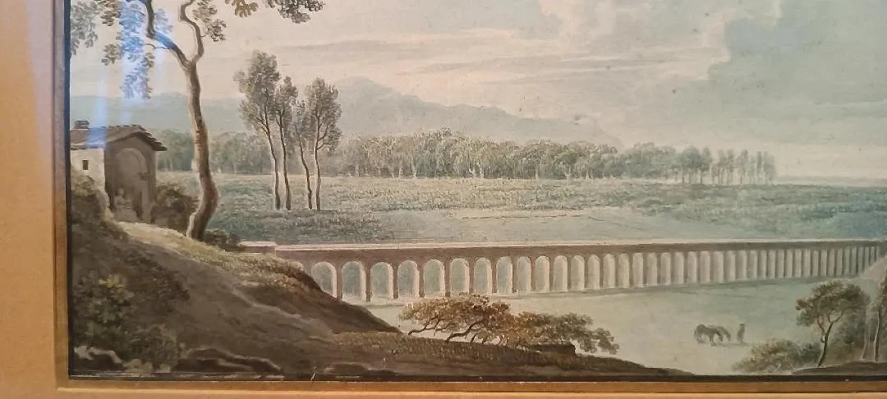 Paesaggio con acquedotto e ponte, acquerello su carta, '800 7