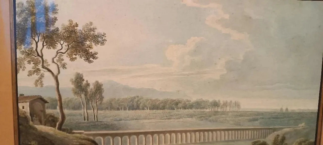 Paesaggio con acquedotto e ponte, acquerello su carta, '800 8