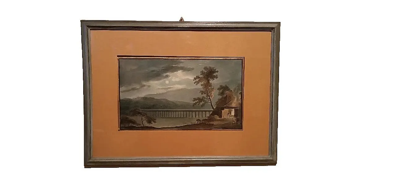 Paesaggio notturno con acquedotto e ponte, acquerello su carta, '800 1
