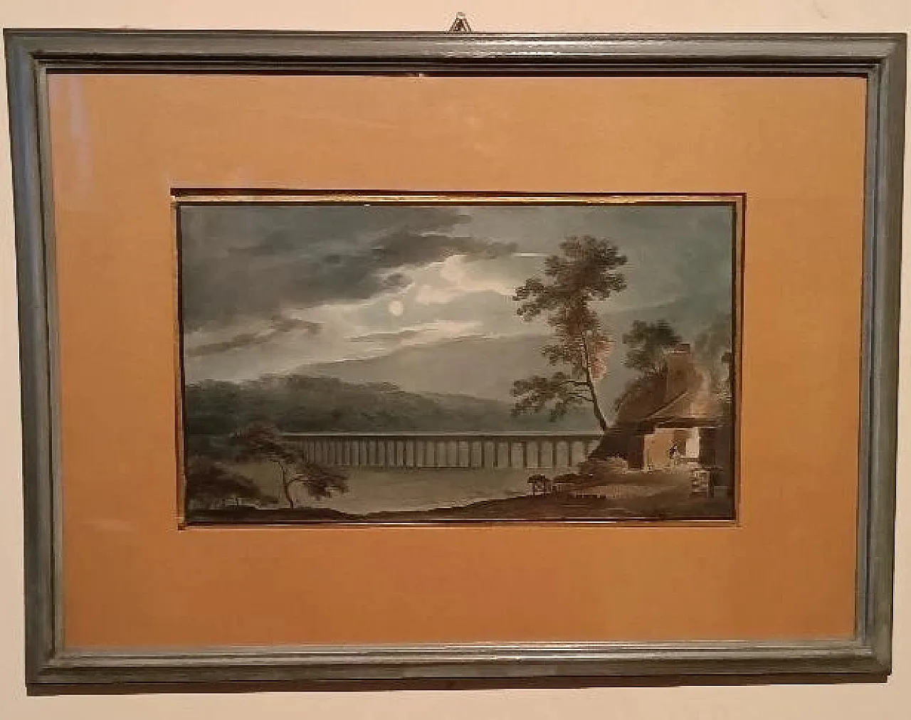 Paesaggio notturno con acquedotto e ponte, acquerello su carta, '800 2