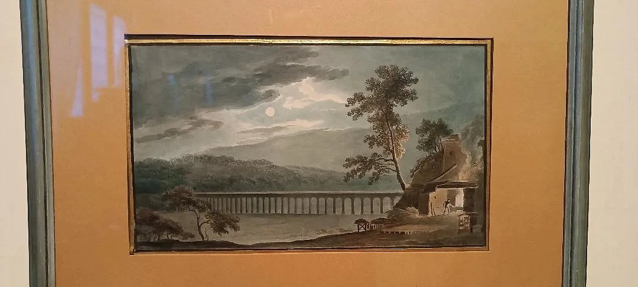 Paesaggio notturno con acquedotto e ponte, acquerello su carta, '800 3