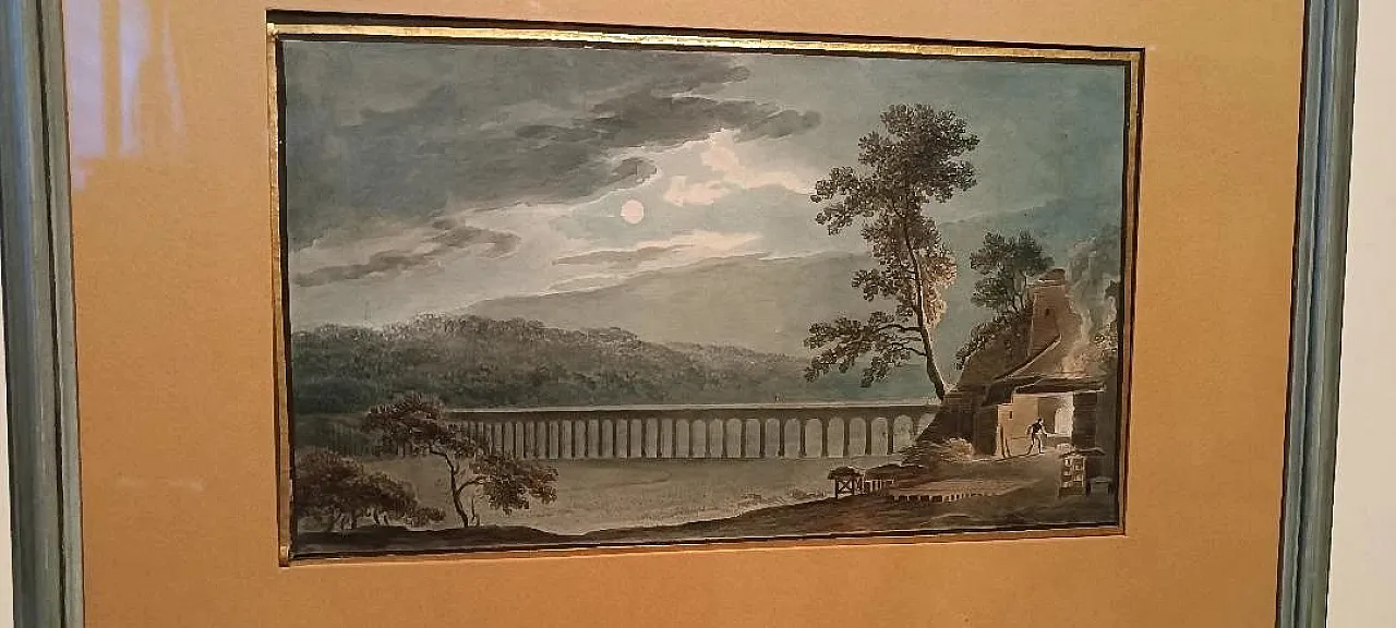 Paesaggio notturno con acquedotto e ponte, acquerello su carta, '800 4