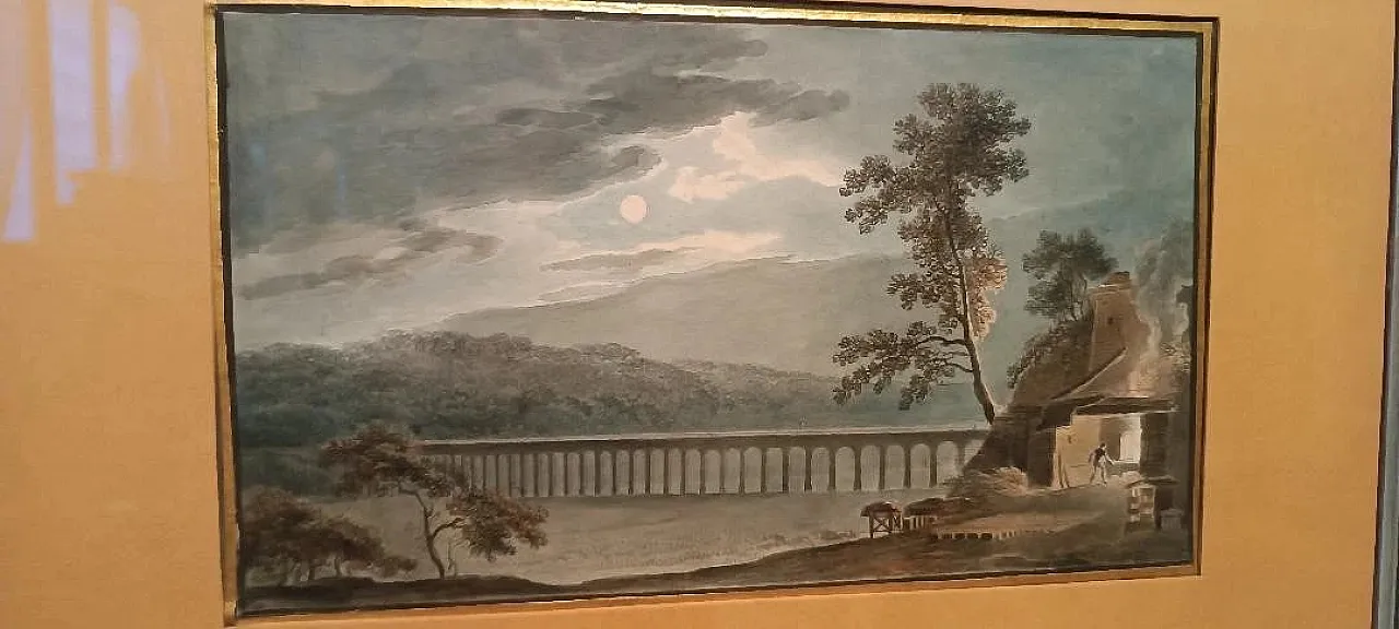 Paesaggio notturno con acquedotto e ponte, acquerello su carta, '800 5