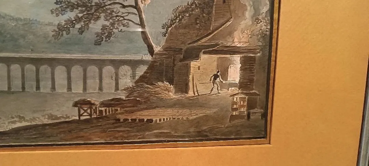 Paesaggio notturno con acquedotto e ponte, acquerello su carta, '800 6