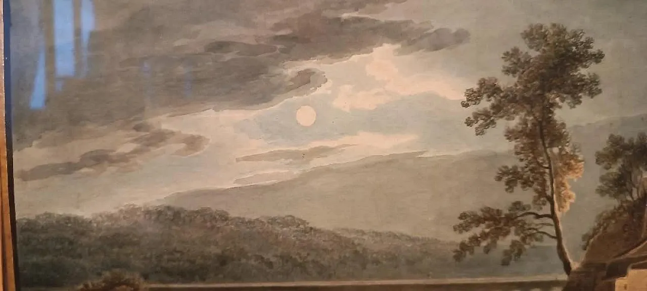 Paesaggio notturno con acquedotto e ponte, acquerello su carta, '800 7