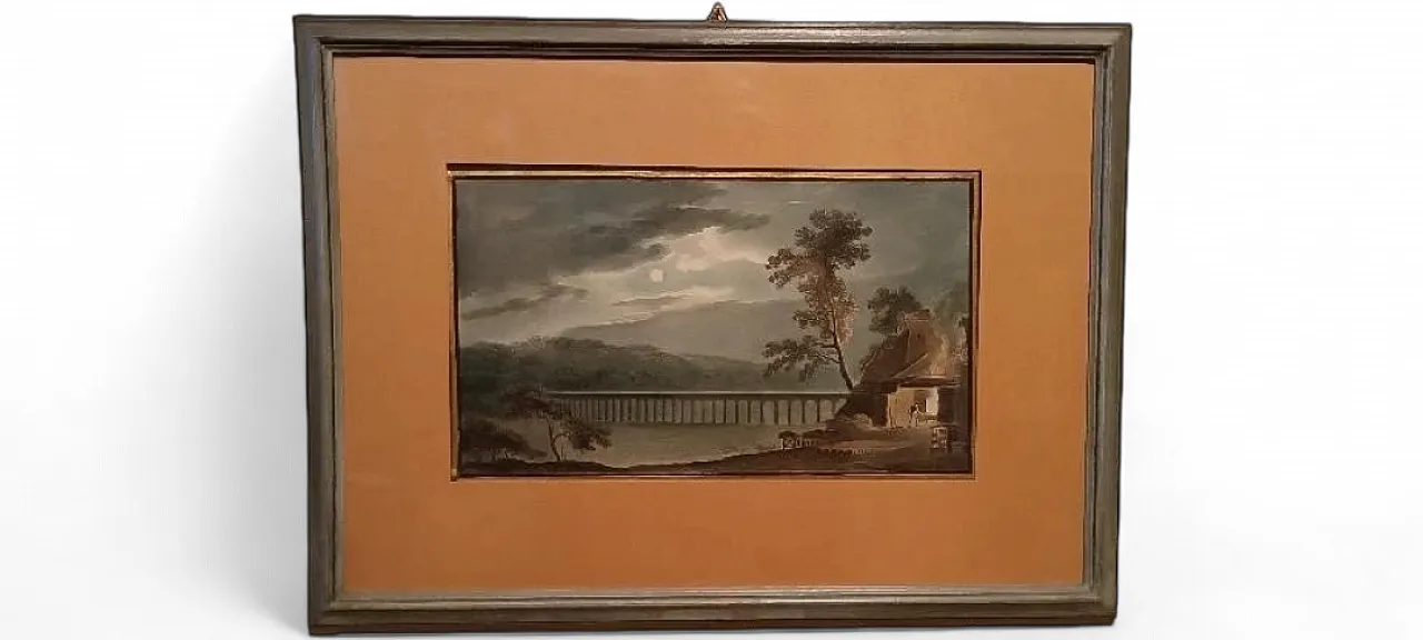 Paesaggio notturno con acquedotto e ponte, acquerello su carta, '800 9