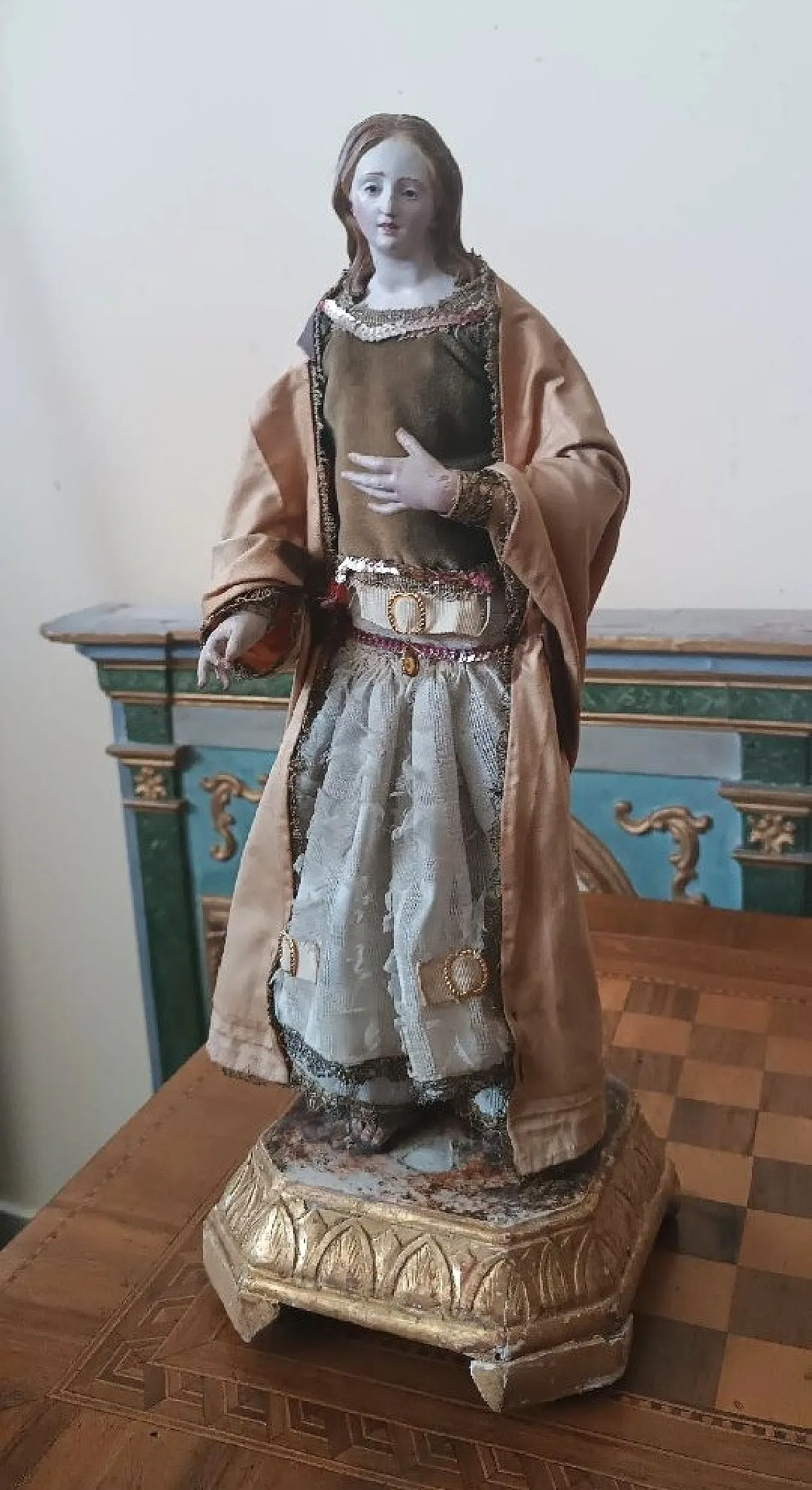 Saint Agatha, terracotta, wood and glass statuette, 19th century 3