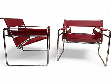 Pair of Knoll Studio 2 B3 WASSILY armchairs in red leather, 1920s