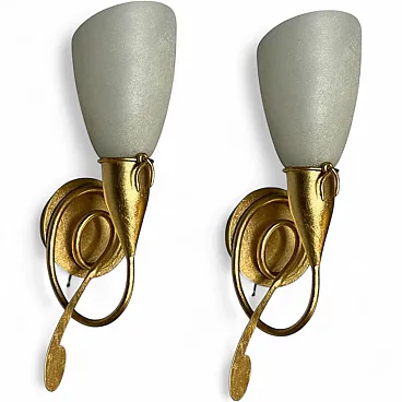 Pair of gold gilded wall sconces with Murano glass shades, 1980s
