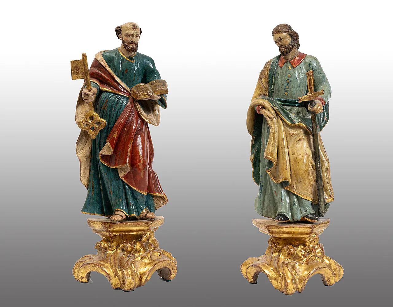 Pair of polychrome wooden sculptures with Saint Peter, 18th century 1