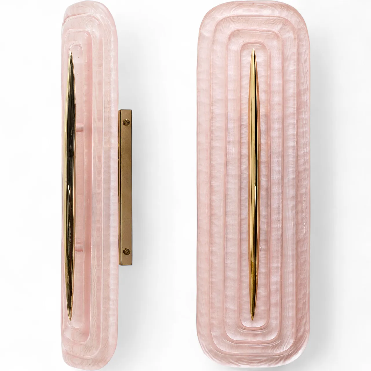 Coppia di applique in vetro di Murano rosa e ottone, anni 2000 8