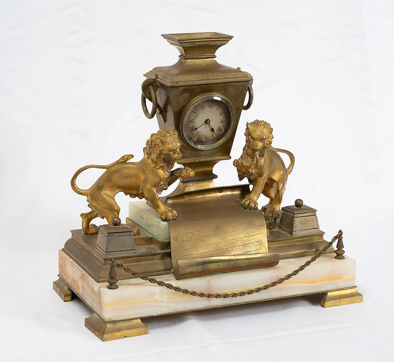 Inkwell with integrated Napoleon III clock in gilded bronze, 19th c. 2