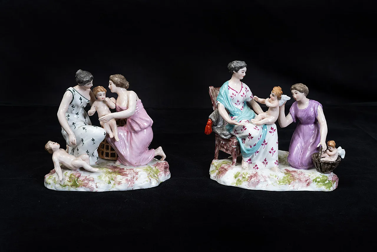 Pair of Meissen polychrome porcelain sculptures depicting scenes 1
