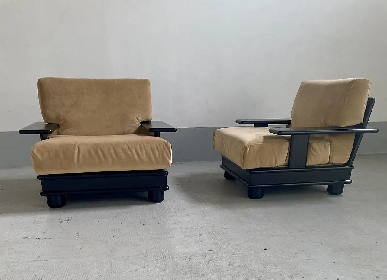 3 Seater Sofa Set with 2 armchairs in wood and velvet, 1970s 1