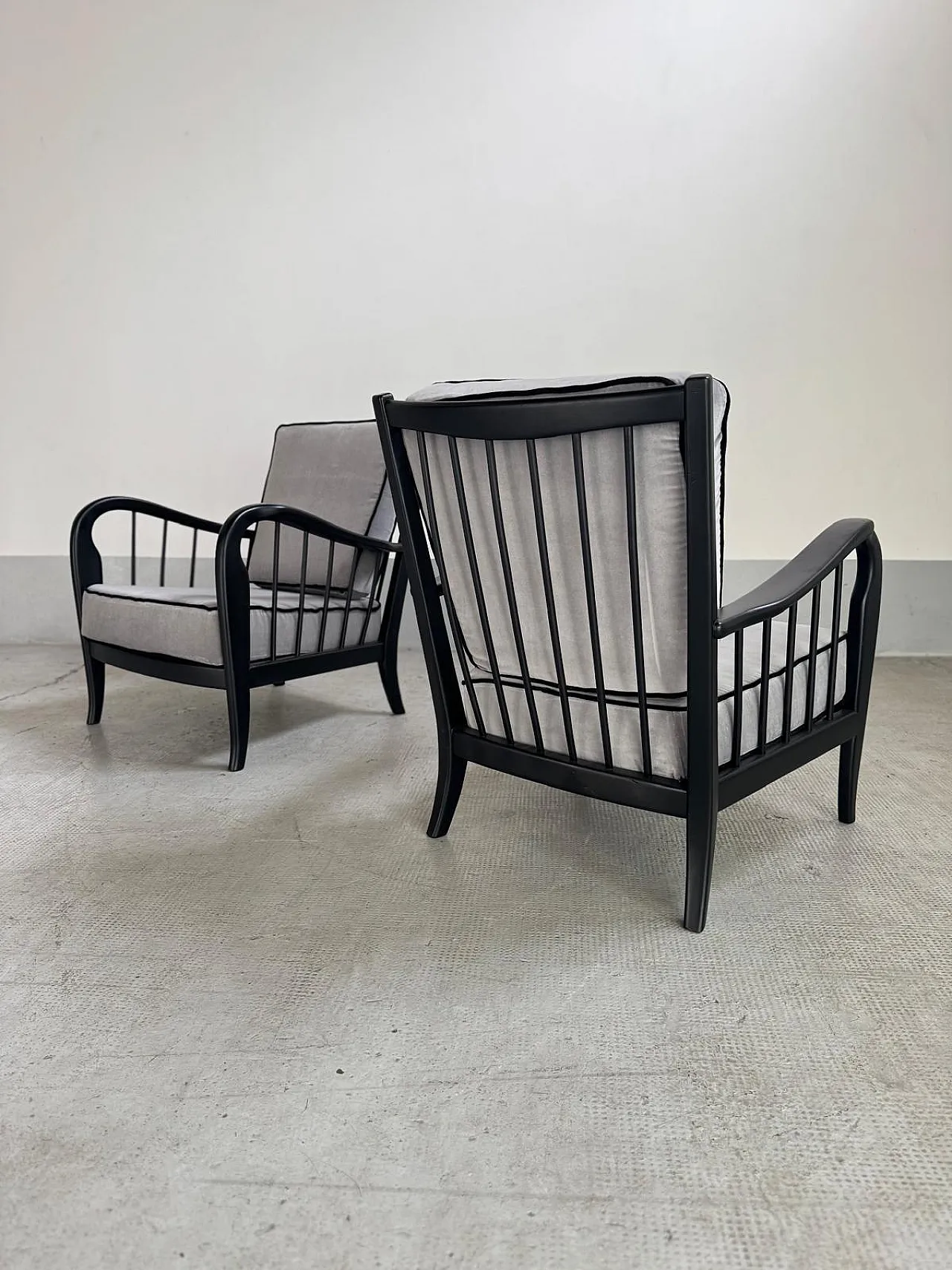 Pair of Buffa style armchairs in wood and velvet, 1950s 4