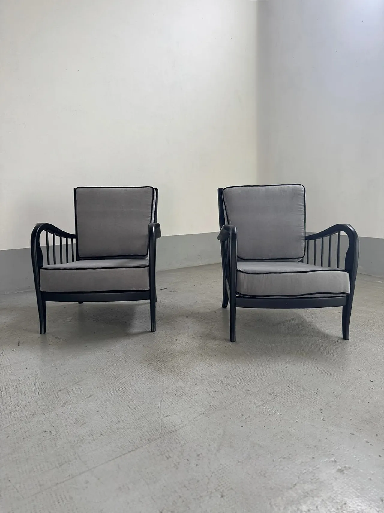 Pair of Buffa style armchairs in wood and velvet, 1950s 5