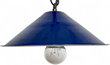 Industrial British Blue Enamel Factory Pendant Lamp, 1950s