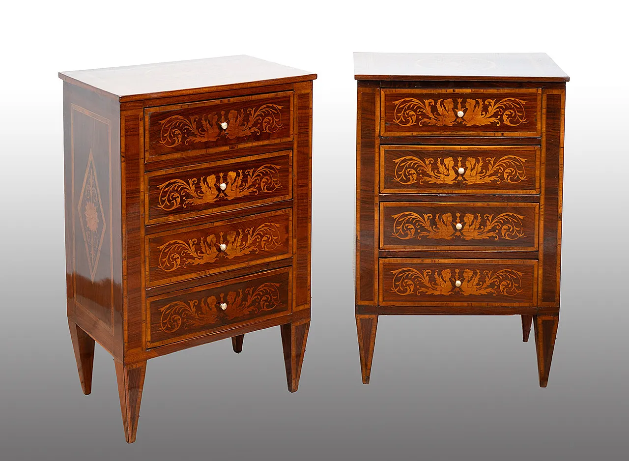 Pair of antique Louis XVI Lombardi bedside tables in polychrome wood. Peri 1