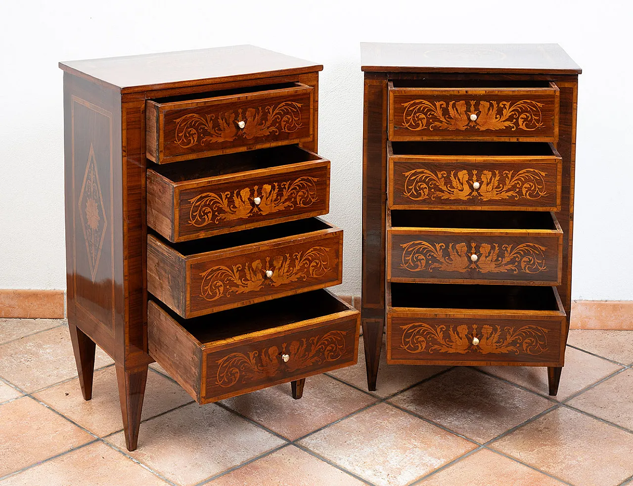 Pair of antique Louis XVI Lombardi bedside tables in polychrome wood. Peri 2