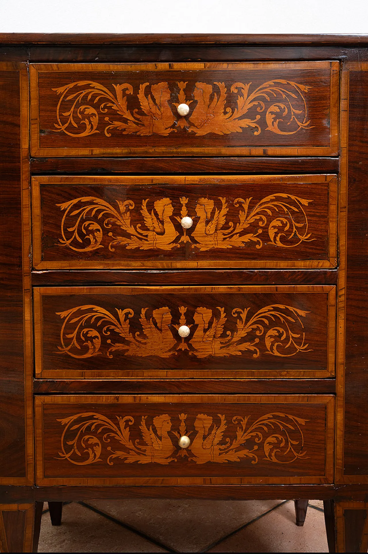 Pair of antique Louis XVI Lombardi bedside tables in polychrome wood. Peri 4