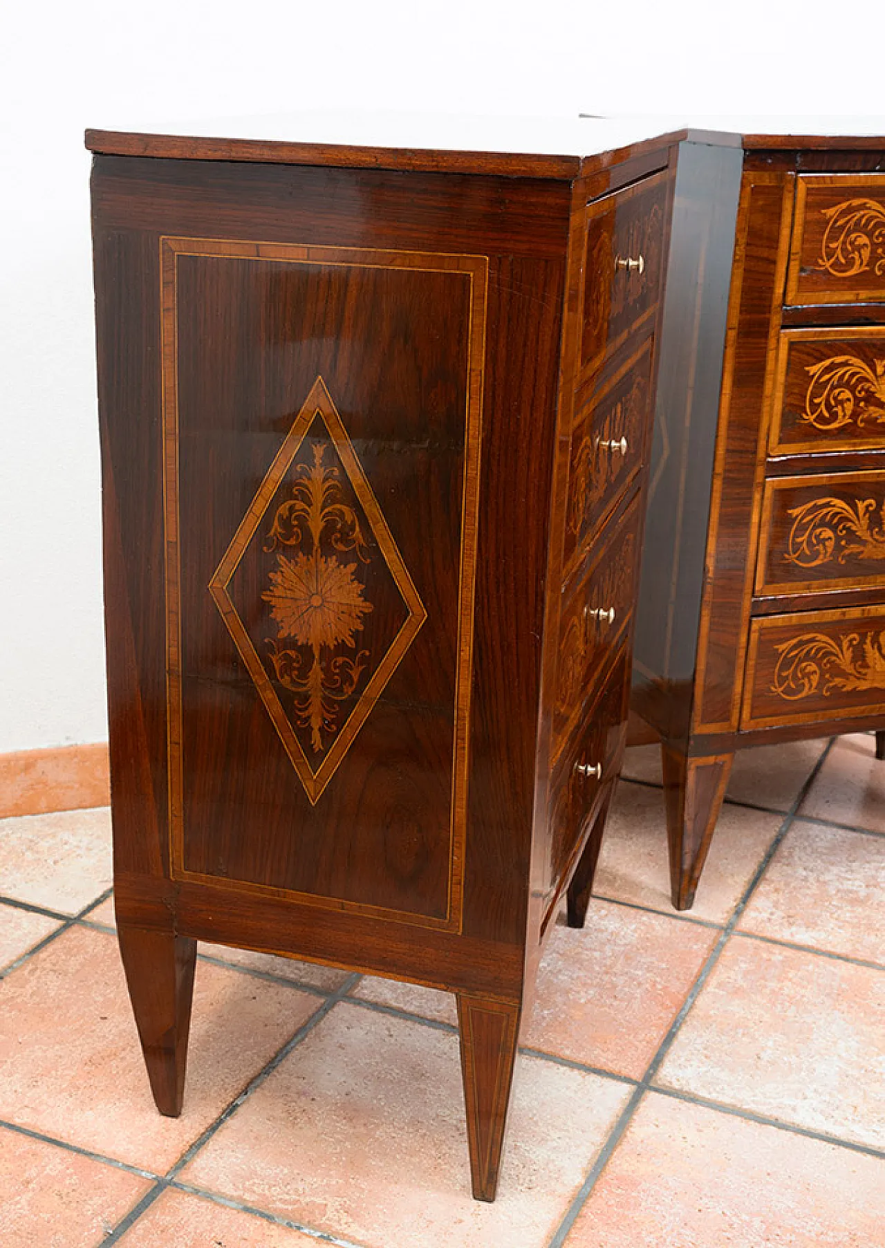 Pair of antique Louis XVI Lombardi bedside tables in polychrome wood. Peri 5
