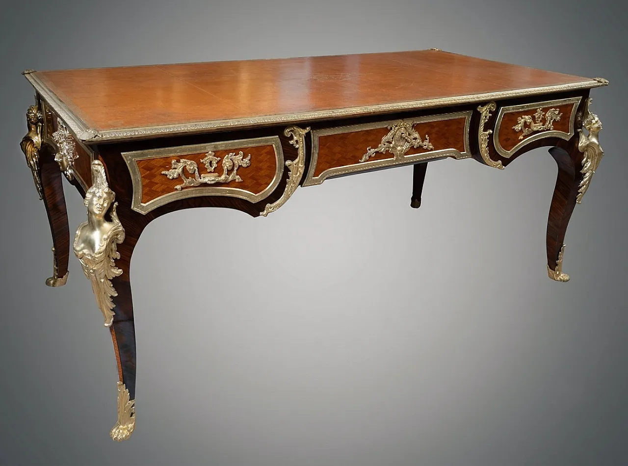 French Napoleon III Desk in exotic wood and gilded metal, 19th c. 1