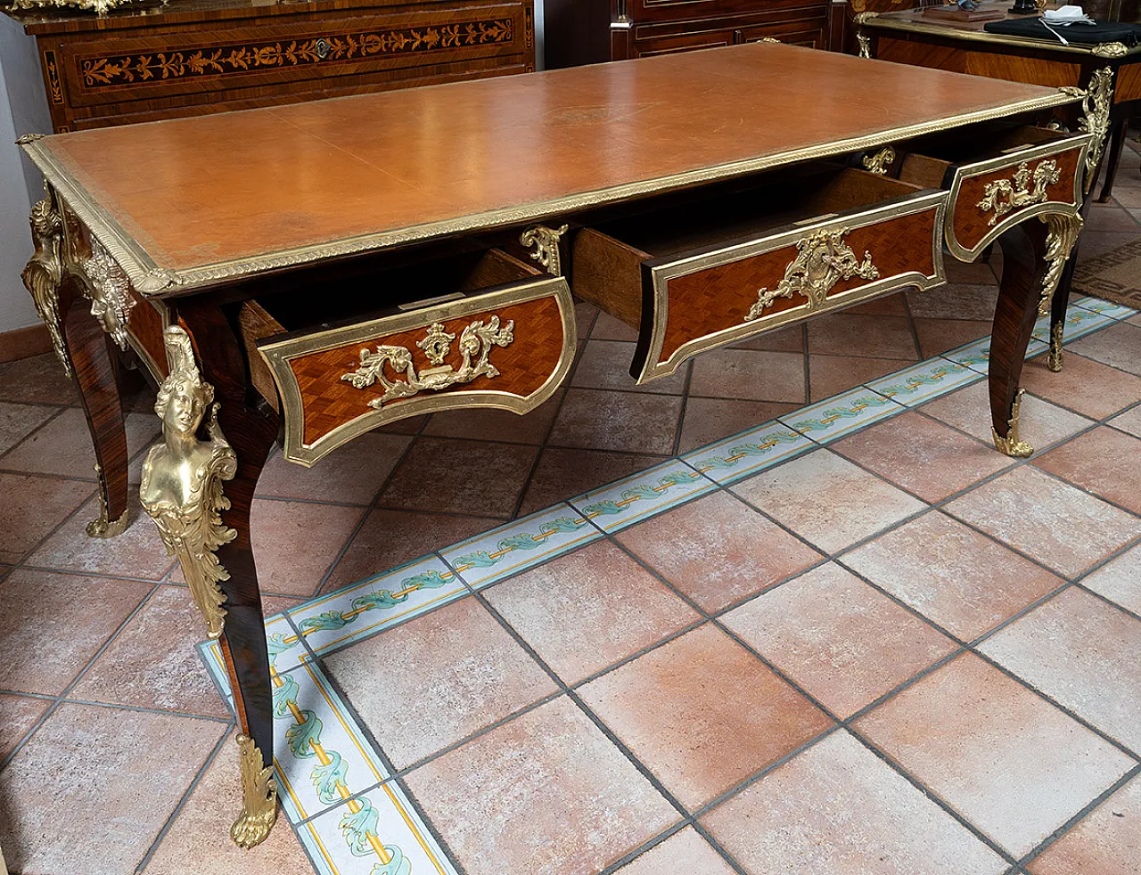 French Napoleon III Desk in exotic wood and gilded metal, 19th c. 2