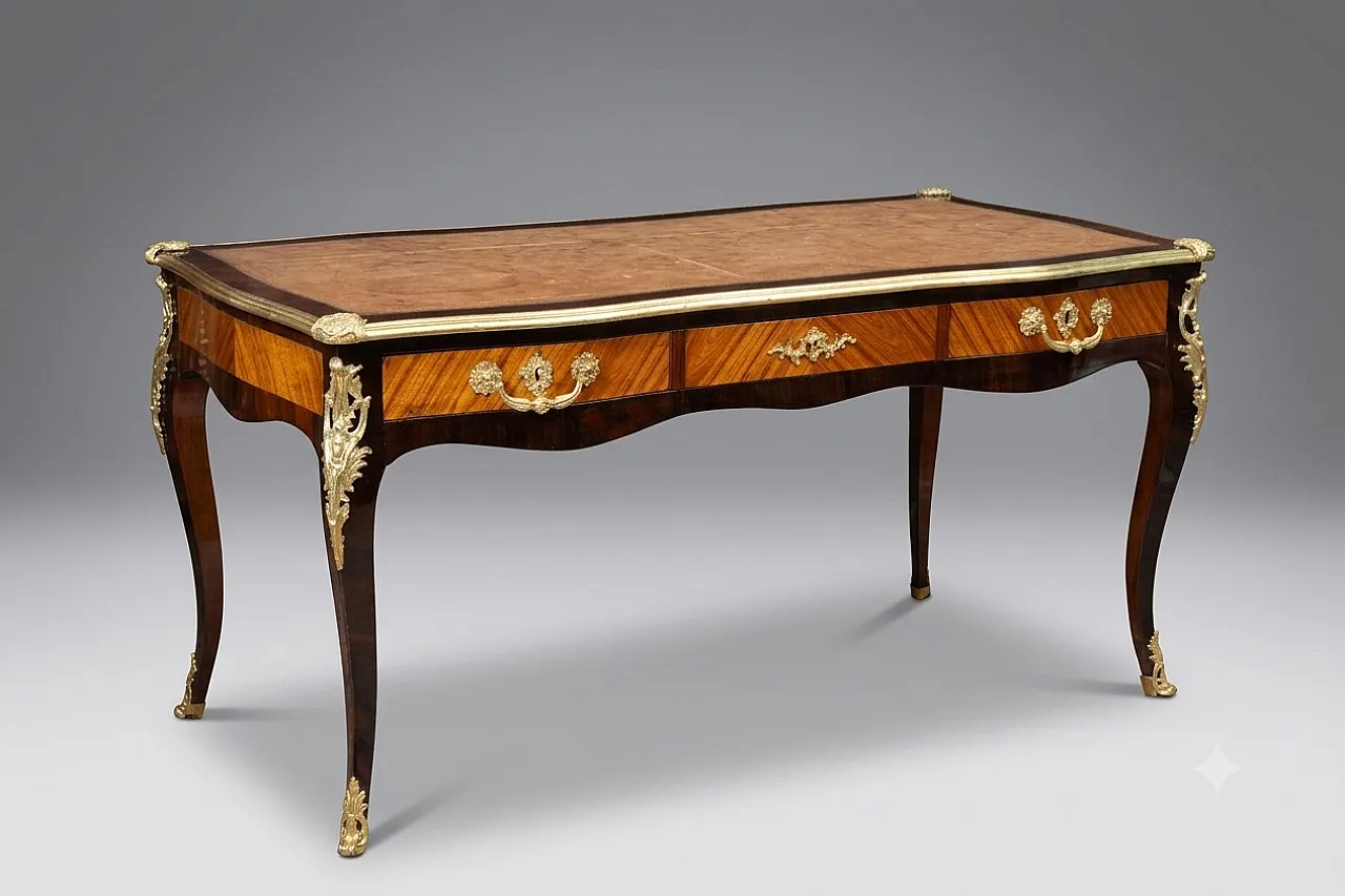 Scrivania Napoleone III Francese in legno esotico e metallo, '800 1