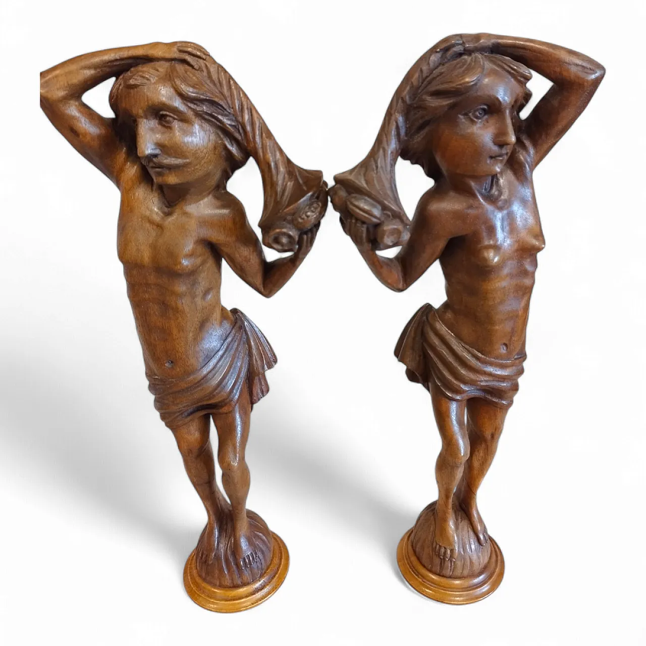 Pair of Walnut Wooden Statuettes columns, late 19th century 1