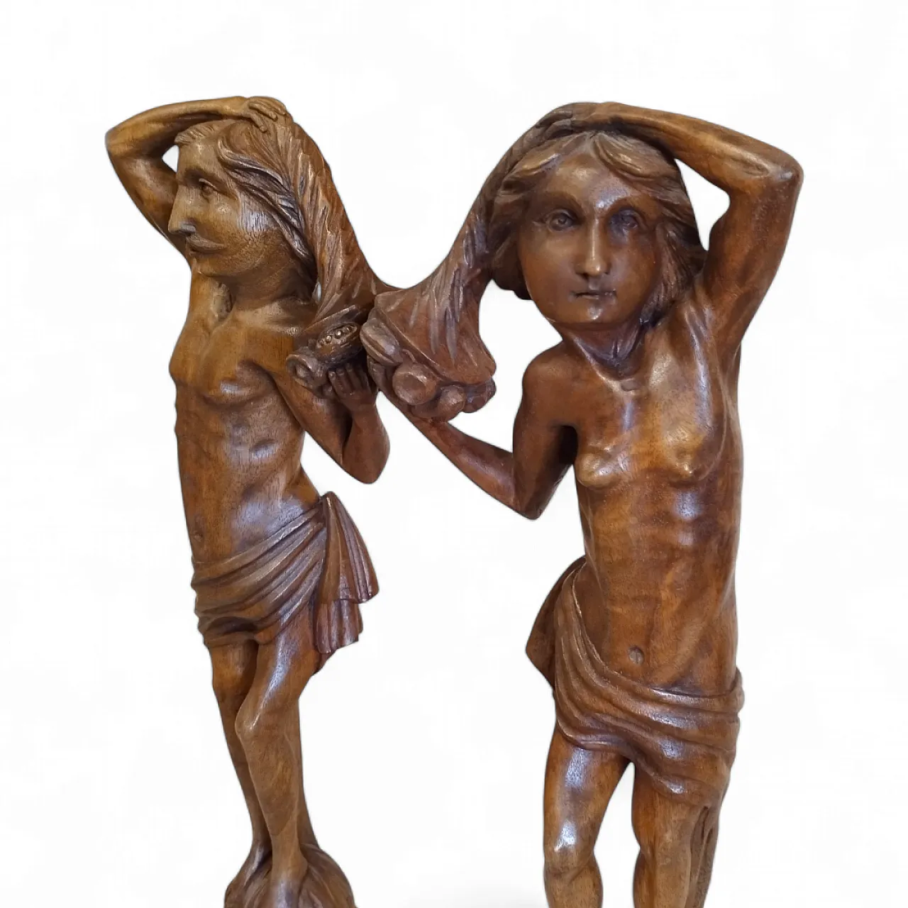Pair of Walnut Wooden Statuettes columns, late 19th century 2