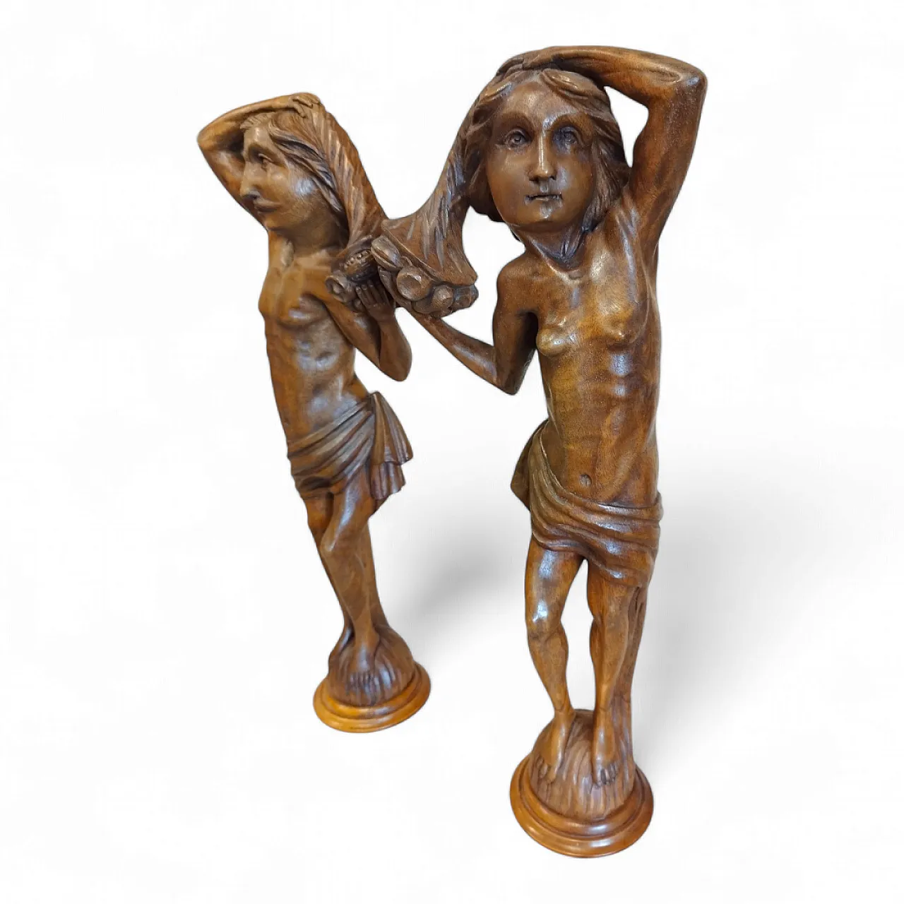 Pair of Walnut Wooden Statuettes columns, late 19th century 3