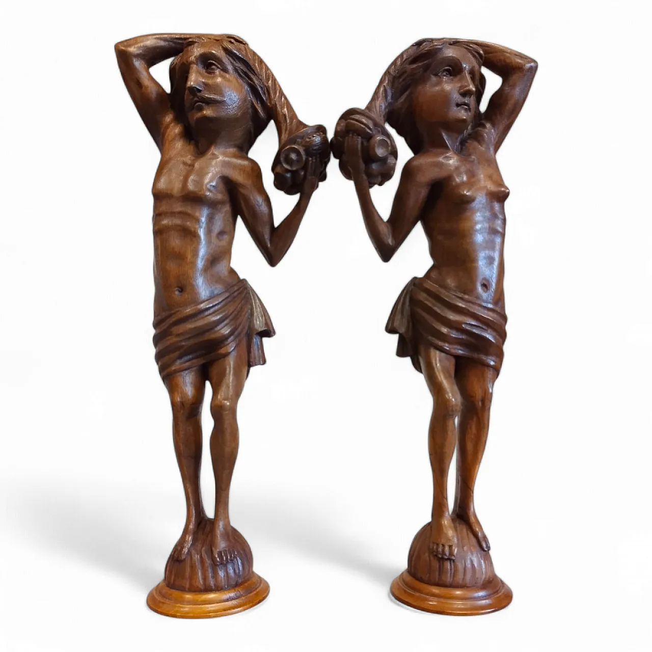 Pair of Walnut Wooden Statuettes columns, late 19th century 5