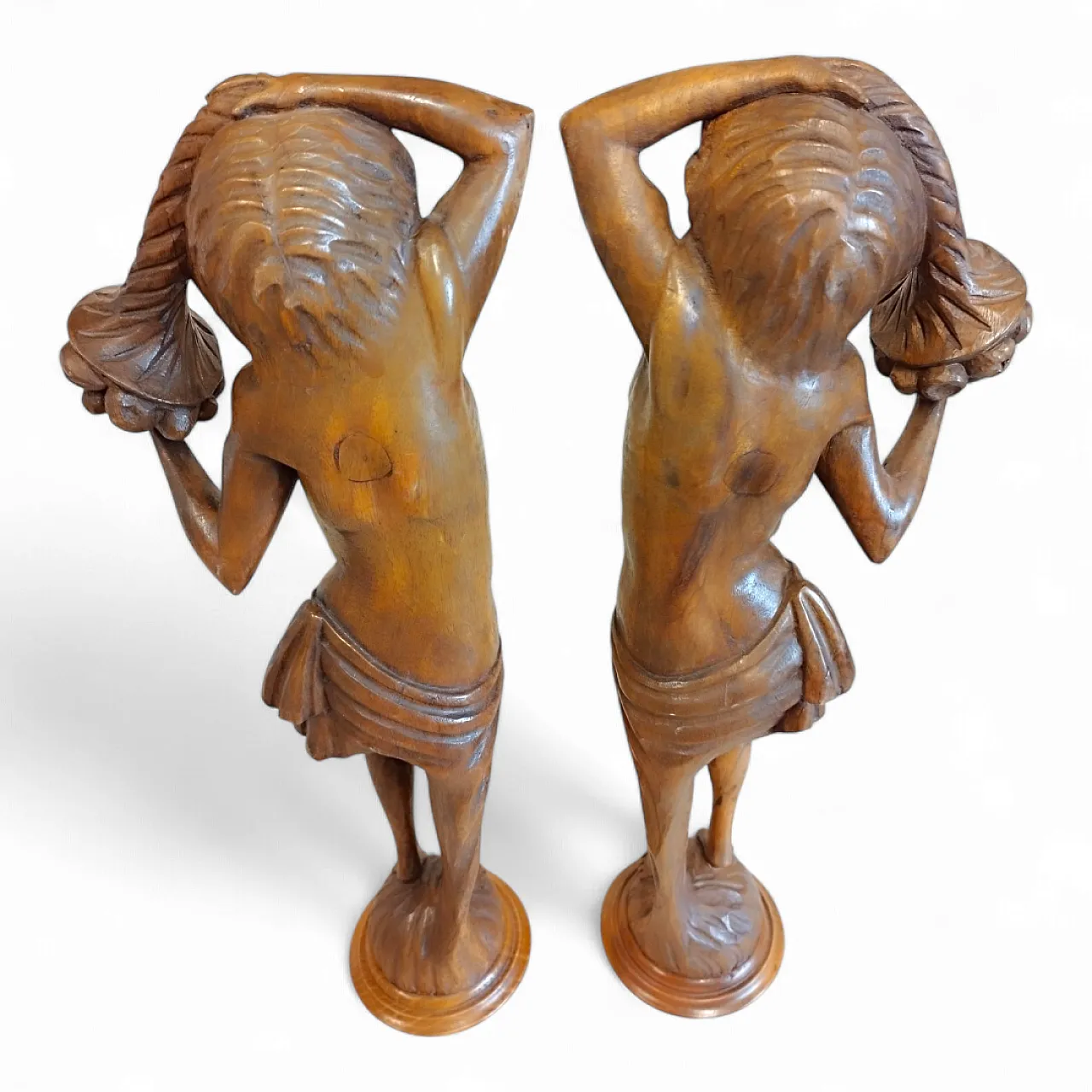 Pair of Walnut Wooden Statuettes columns, late 19th century 6