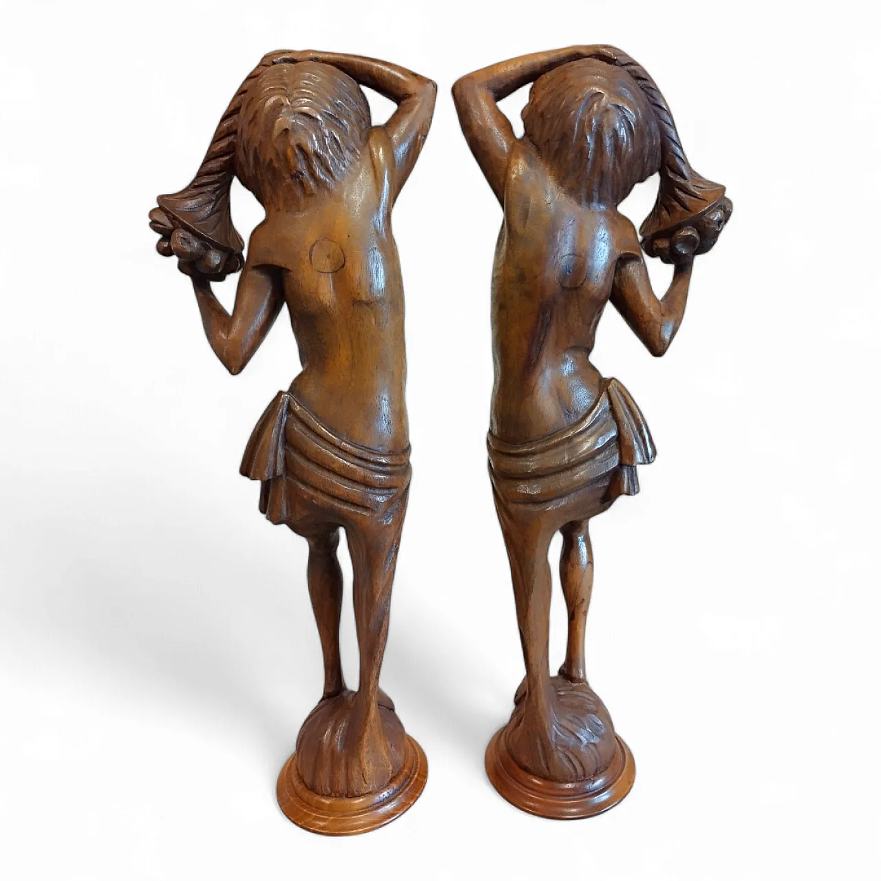 Pair of Walnut Wooden Statuettes columns, late 19th century 7